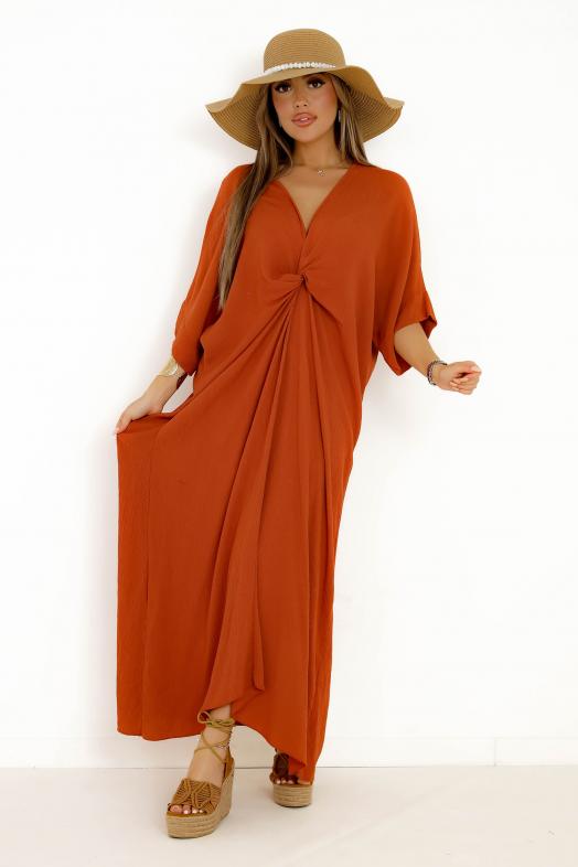 Robe Col V Nouée Brique 
