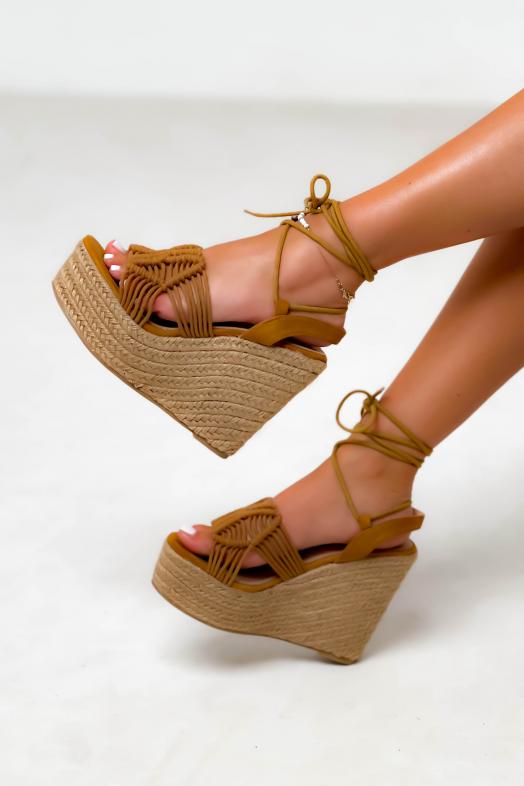 Espadrilles Compensées à Lanières Femme Camel 