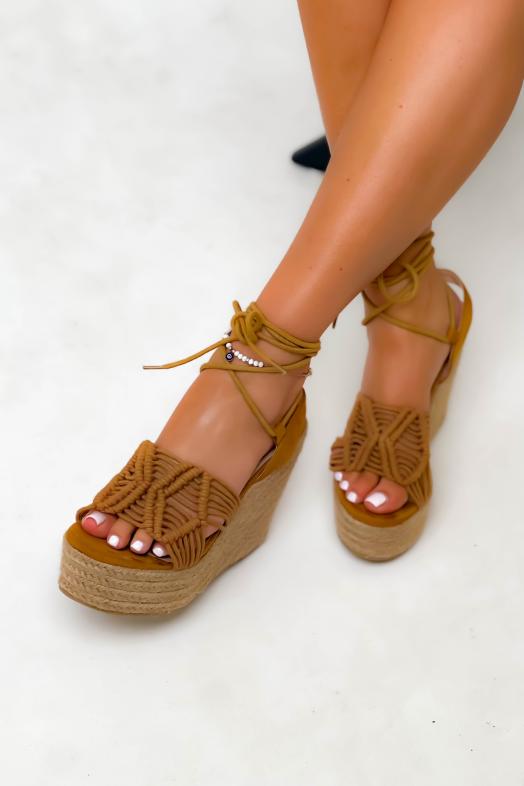 Espadrilles Compensées à Lanières Femme Camel 