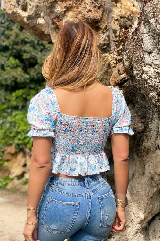 Top Femme Noué à Fleurs Ciel / Réf : 1439-7