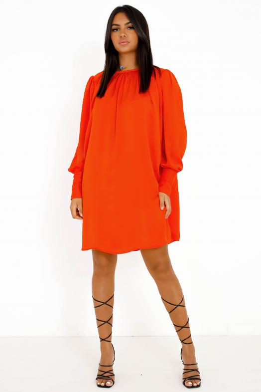 Robe Satinée Manches Longues Femme Corail 