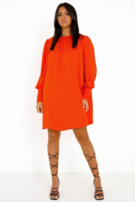 Robe Satinée Manches Longues Femme Corail