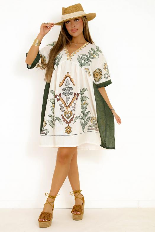 Robe Col V Imprimé Végétal Crème 