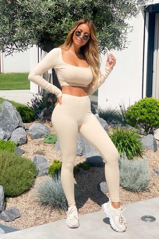Crop Top Femme Col Carré Beige 