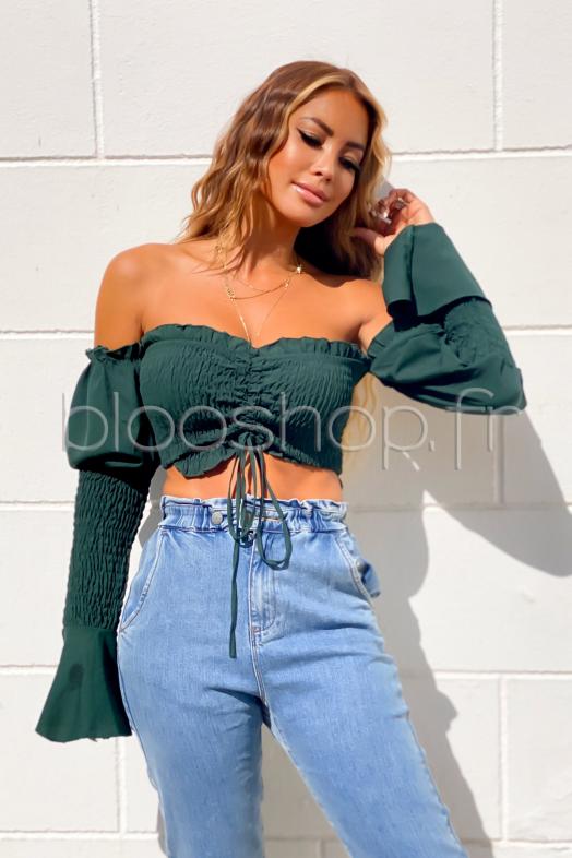 Crop Top Femme Smocké Vert / Réf : 4631