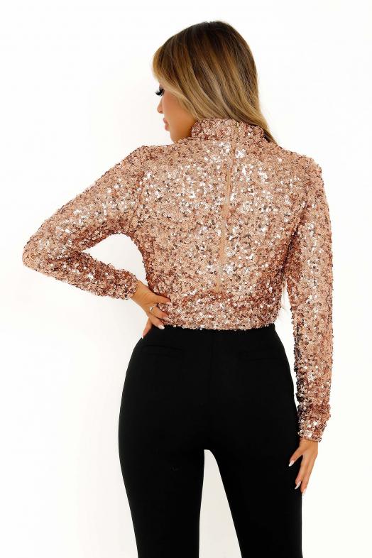 Top Sequins Col Mao Femme Doré