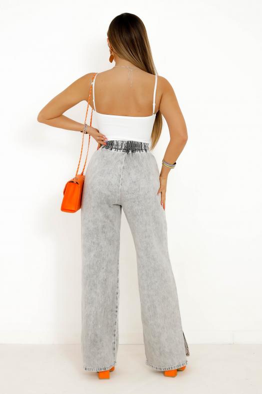 Jeans Wide Leg Fendu Gris Femme 