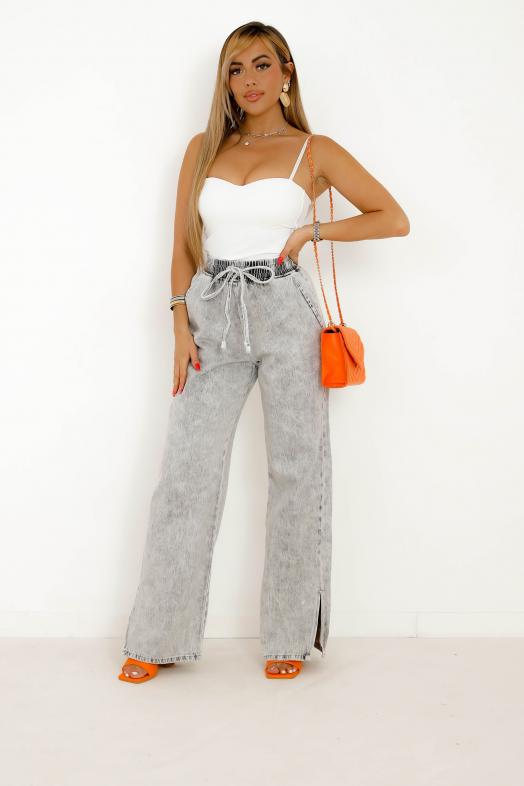 Jeans Wide Leg Fendu Gris Femme 