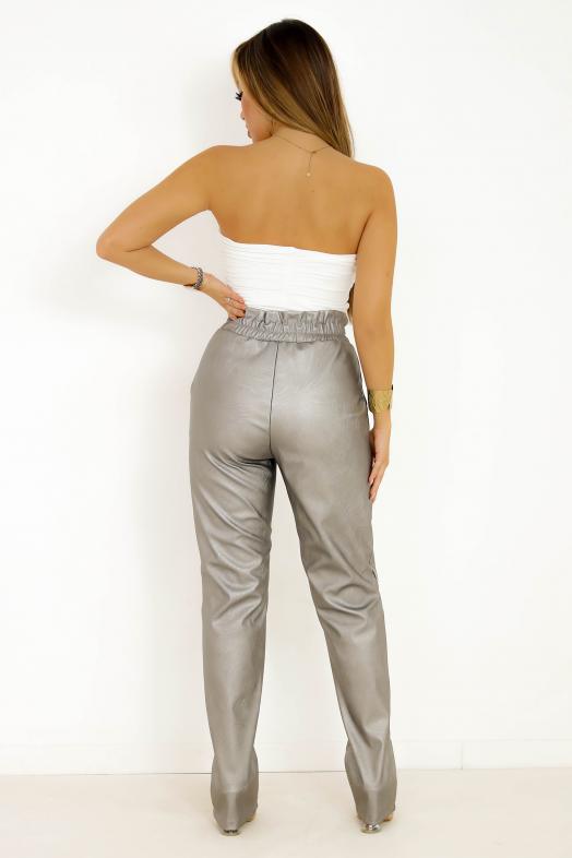 Pantalon Simili Coupe Droite Gris 