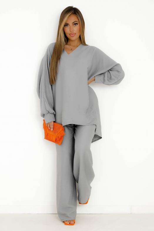 Ensemble Chemisier + Pantalon Fluide Gris 