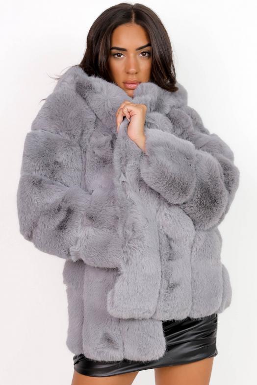 Manteau Femme Fourrure Vegan Gris Foncé 