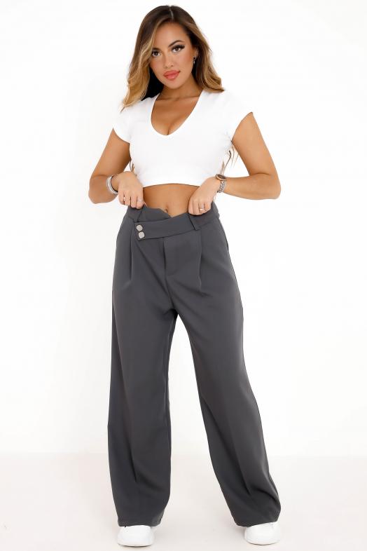 Pantalon Ample Ceinture Décalée Femme Gris Foncé 