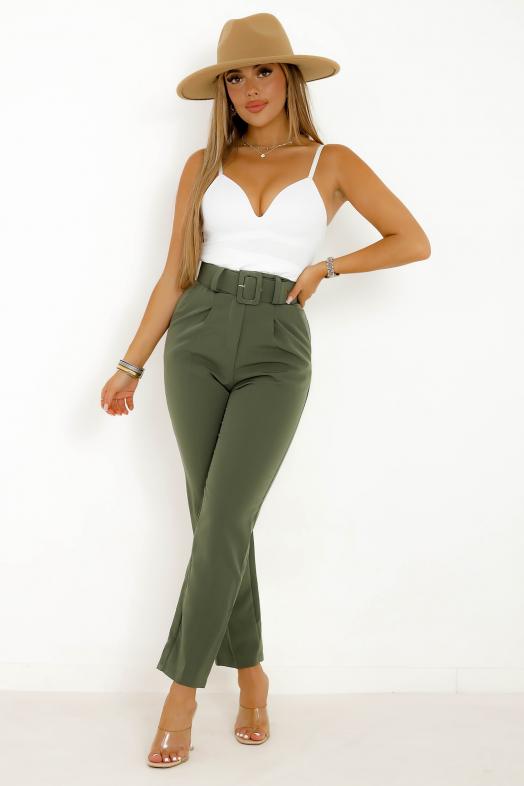 Pantalon + Ceinture Femme Kaki  Ref : 1208-3