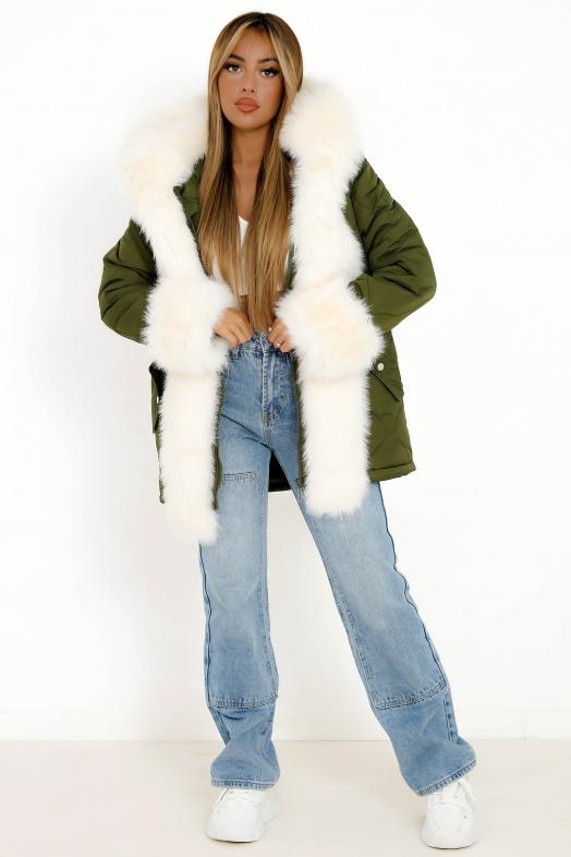 Parka Matelassée Fur Vegan Femme Kaki / Réf : 1237-3