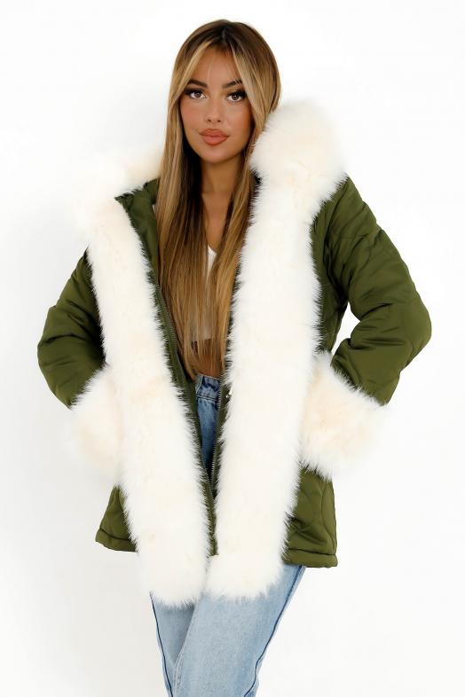 Parka Matelassée Fur Vegan Femme Kaki / Réf : 1237-3