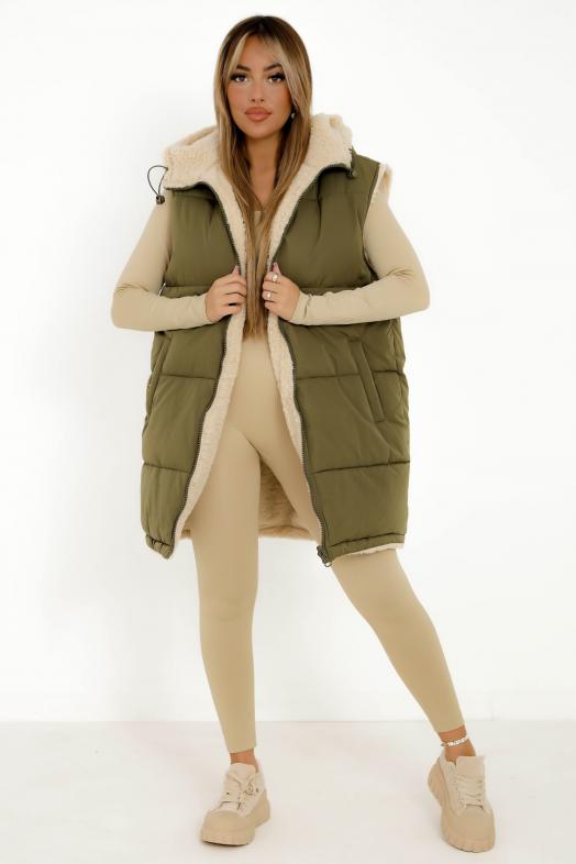 Doudoune Moumoute Sans Manches REVERSIBLE Femme Kaki 