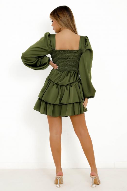 Robe Satin à Volants Kaki 