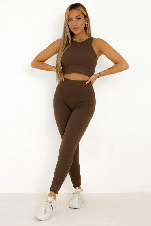 Ensemble Femme Crop Top + Legging Marron  Ref : 528-11