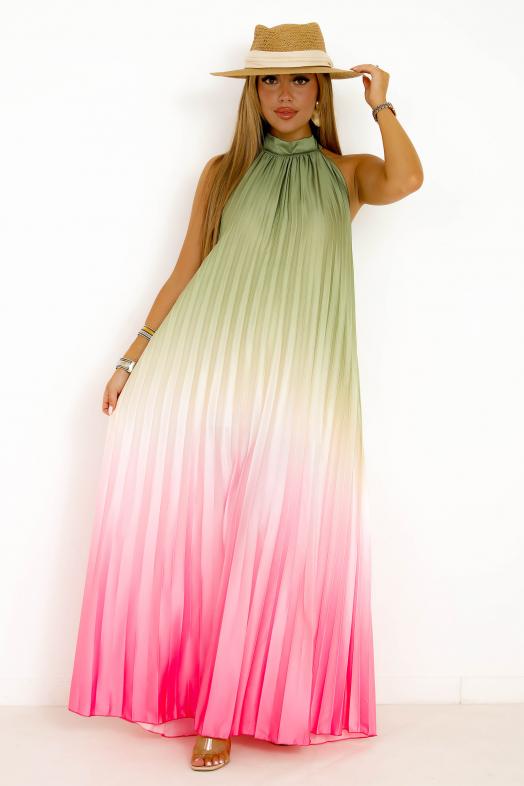 Robe Plissée Dégradée Col Mao Multicolore 