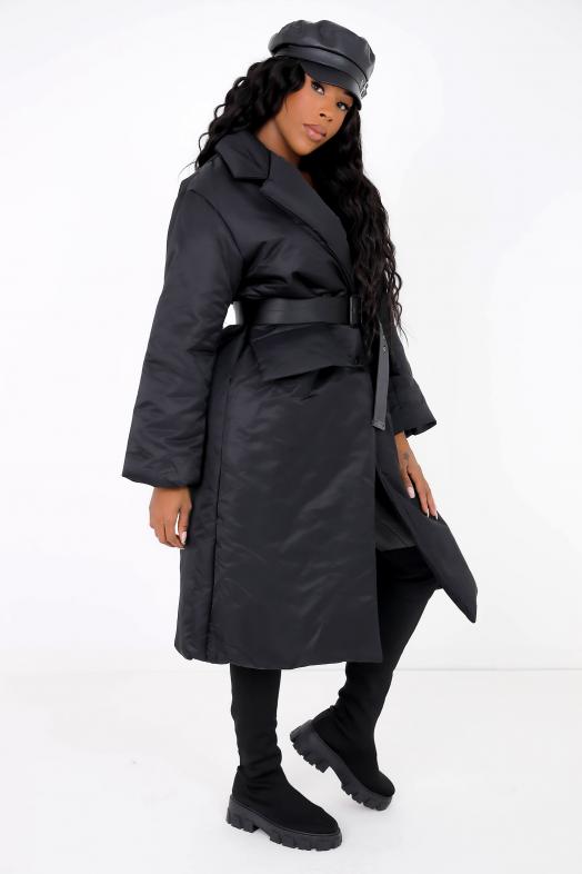 Manteau Femme Long Ceinture Noir 