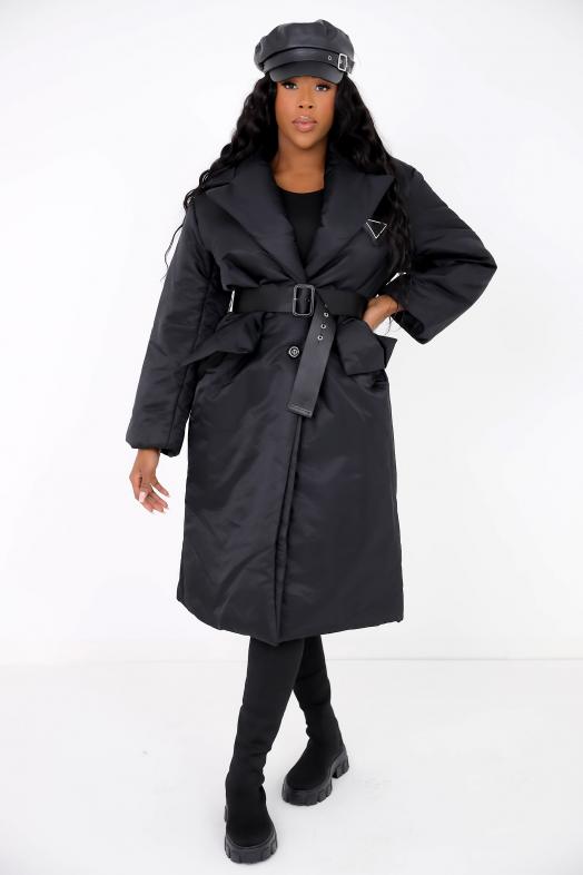 Manteau noir long ceinture best sale