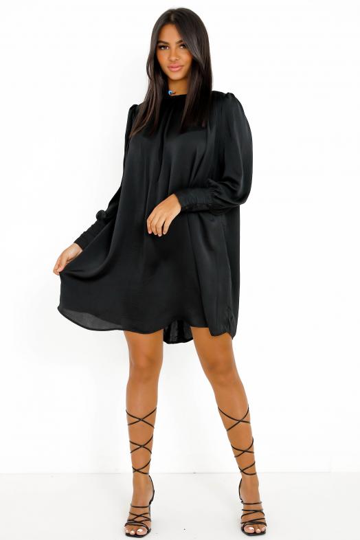 Robe Satinée Manches Longues Femme Noir