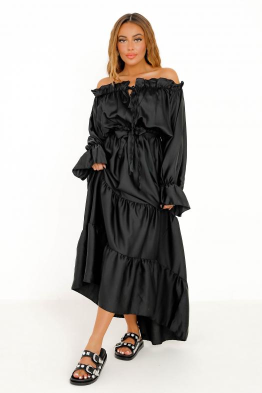 Robe Bardot Satinée Femme Noir