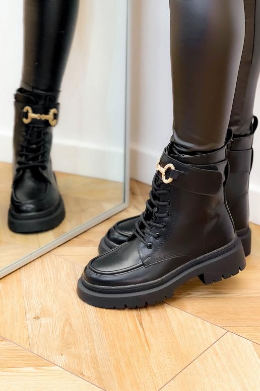 Bottines Femme Lacets + Bijoux Noir 