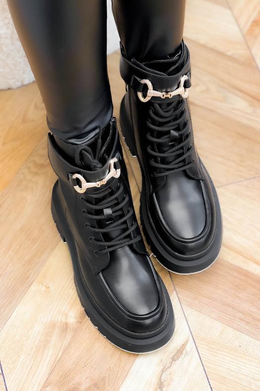 Bottines Femme Lacets + Bijoux Noir 