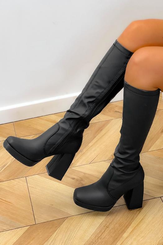 Bottes Talons Carré à Plateforme Femme Noir 