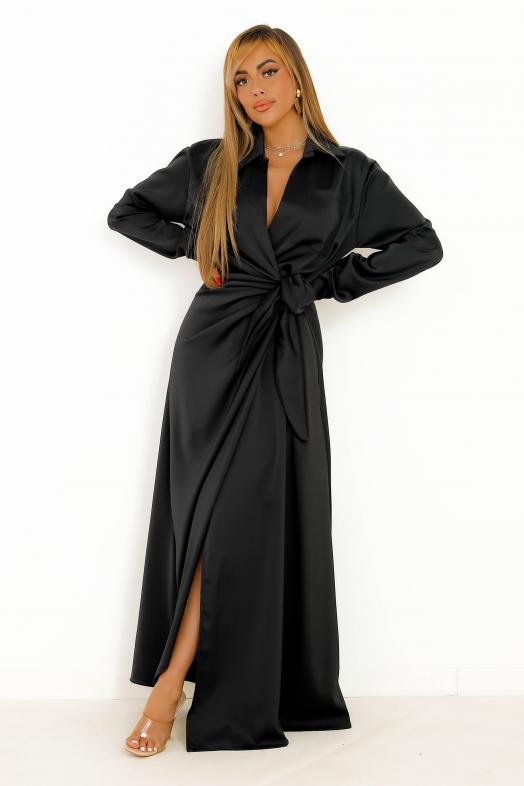 Robe Longue Satin Nouée Femme Noir 