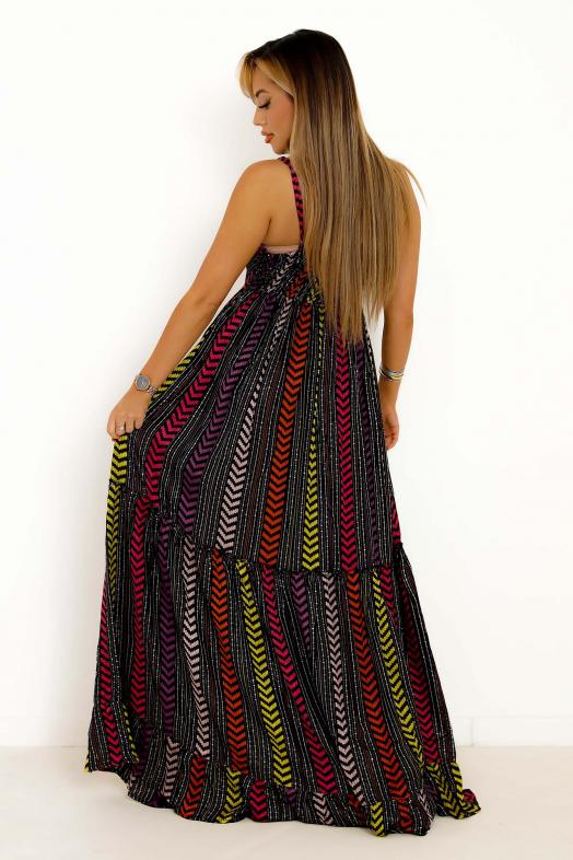 Robe Longue Brodée Colorée Femme Noir