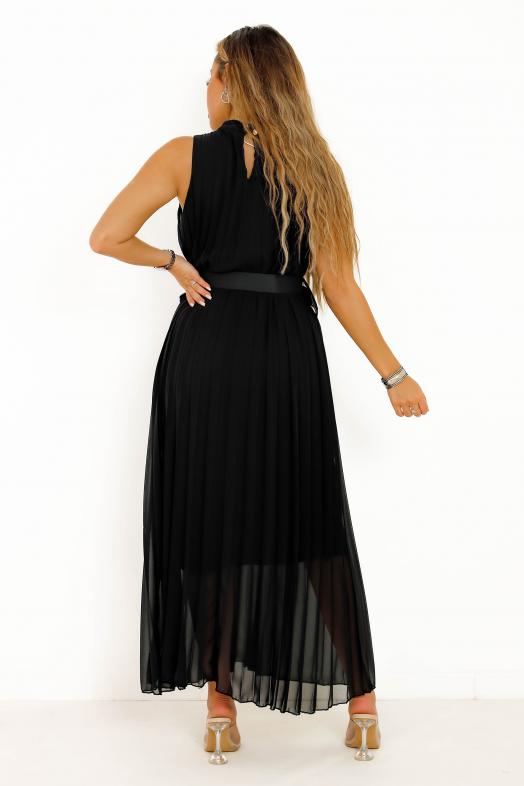 Robe Plissée Encolure + Ceinture Femme Noir