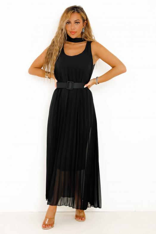 Robe Plissée Encolure + Ceinture Femme Noir 