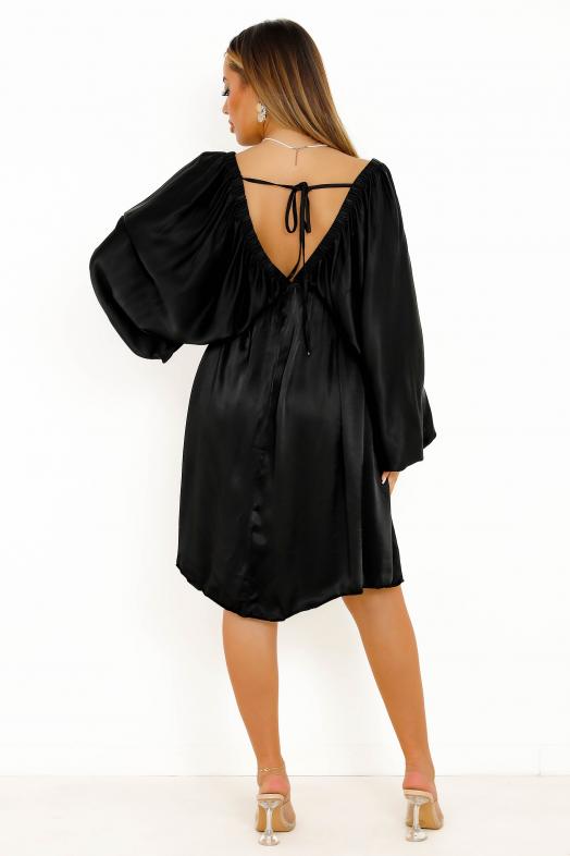 Robe Satin Manches Bouffantes Femme Noir 