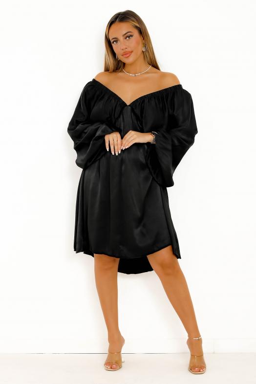 Robe Satin Manches Bouffantes Femme Noir