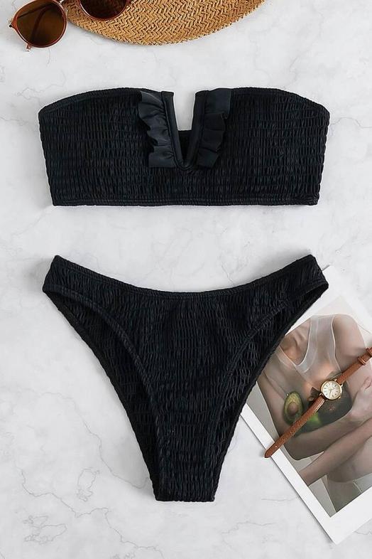 Maillot de Bain Bandeau Texturé Femme Noir