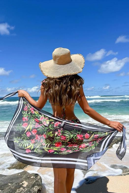 Maillot de Bain + Paréo Fleuri Femme Noir 