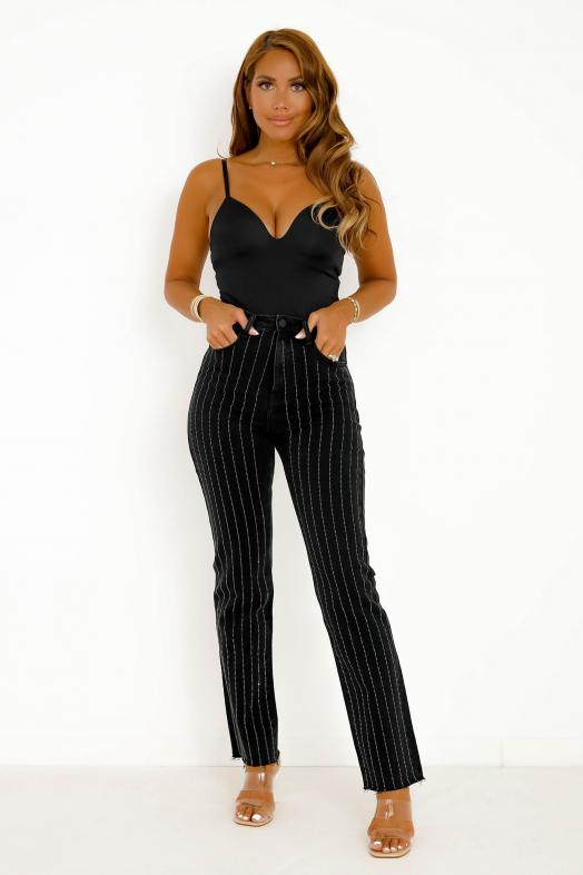 Jeans Straight Strass Femme Noir 