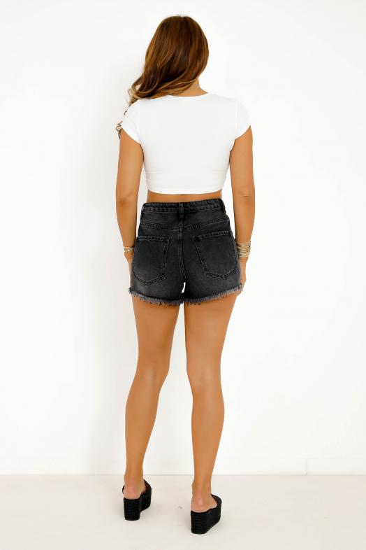 Short Denim Effiloché Femme Noir