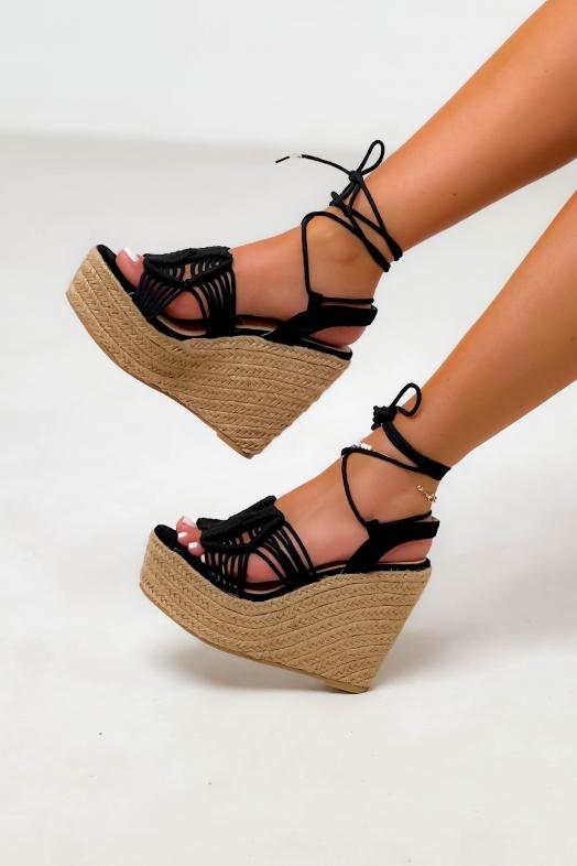 Espadrilles Compensées à Lanières Femme Noir 