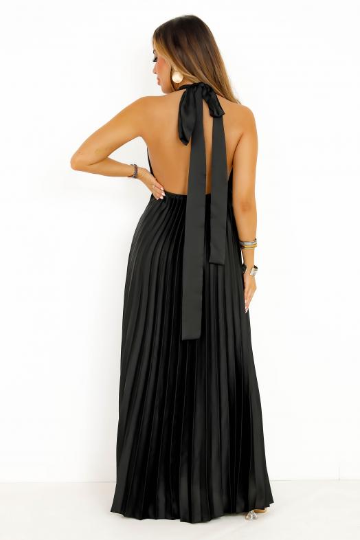 Robe Plissée Satinée Dos Nu Noir 