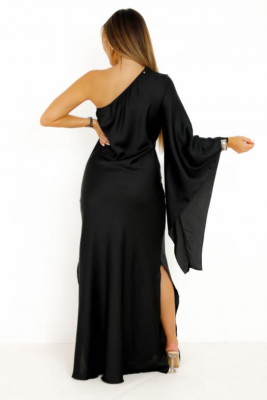 Robe Satin Une Manche Fendue Noir
