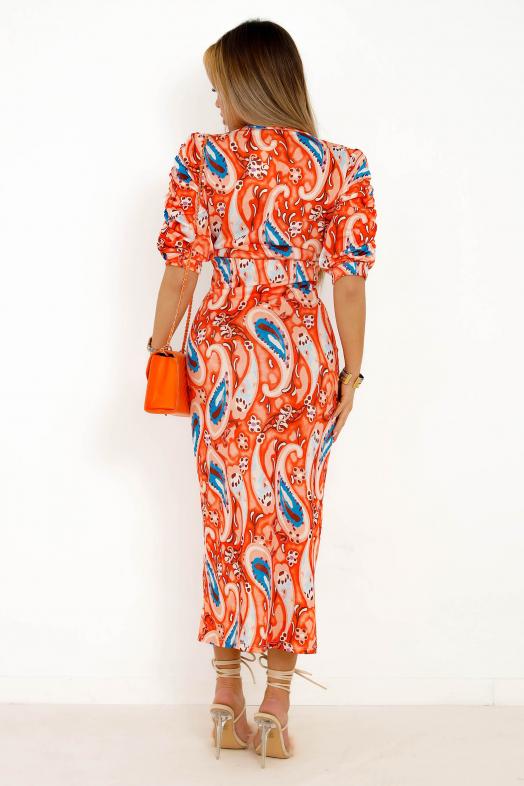 Robe Froncée Col V Femme Orange