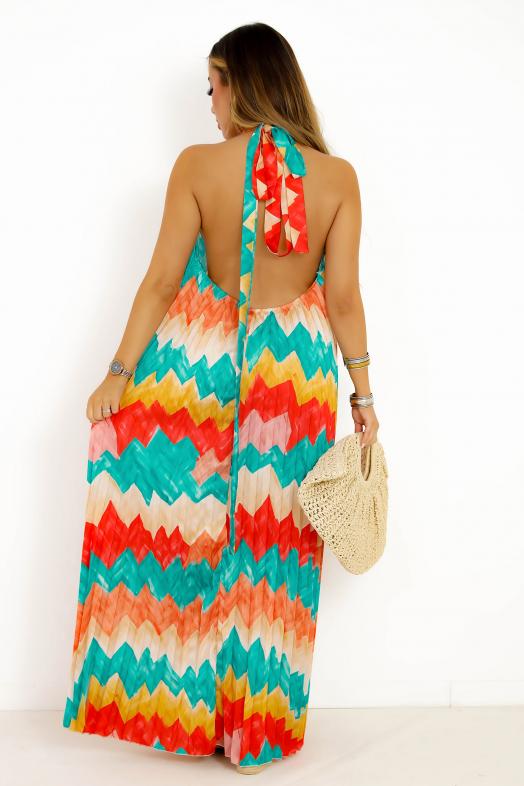 Robe Plissée à Imprimé Zig Zag Orange 