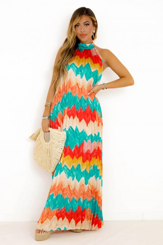 Robe Plissée à Imprimé Zig Zag Orange