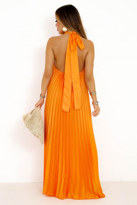 Robe Plissée Satinée Dos Nu Orange 