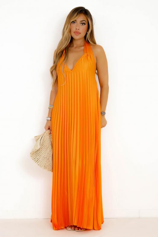 Robe Plissée Satinée Dos Nu Orange 