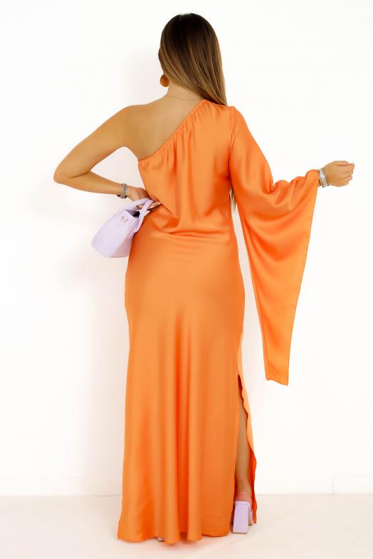 Robe Satin Une Manche Fendue Orange