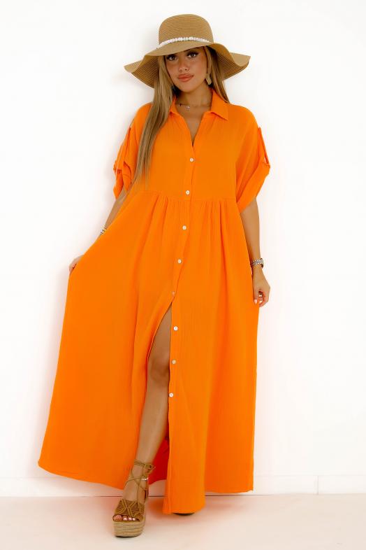 Robe Gaze de coton Boutonnée Orange 